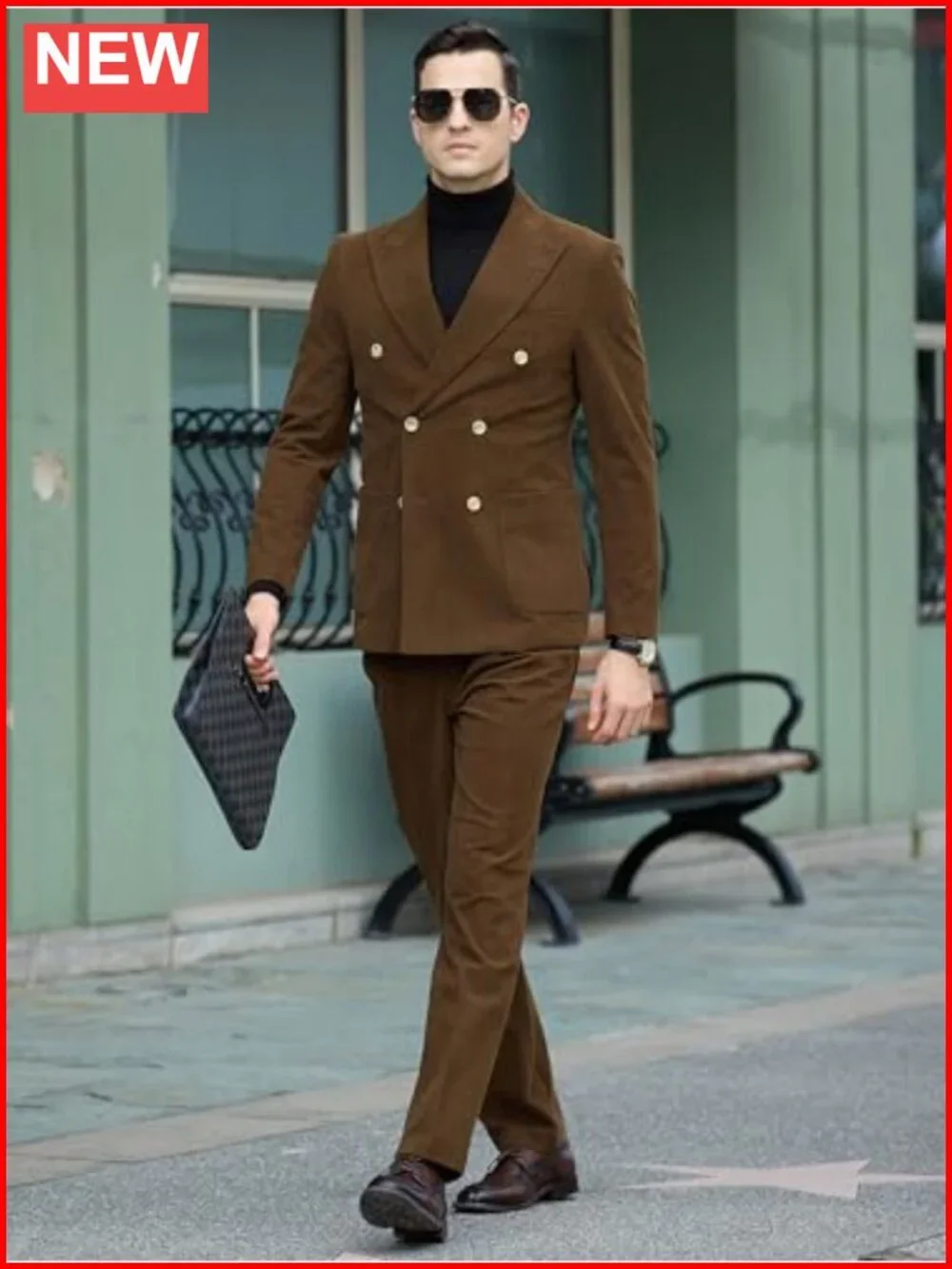 Men's 2 Piece Corduroy Suit Set Double Breasted Tuxedo Jacket & Pants